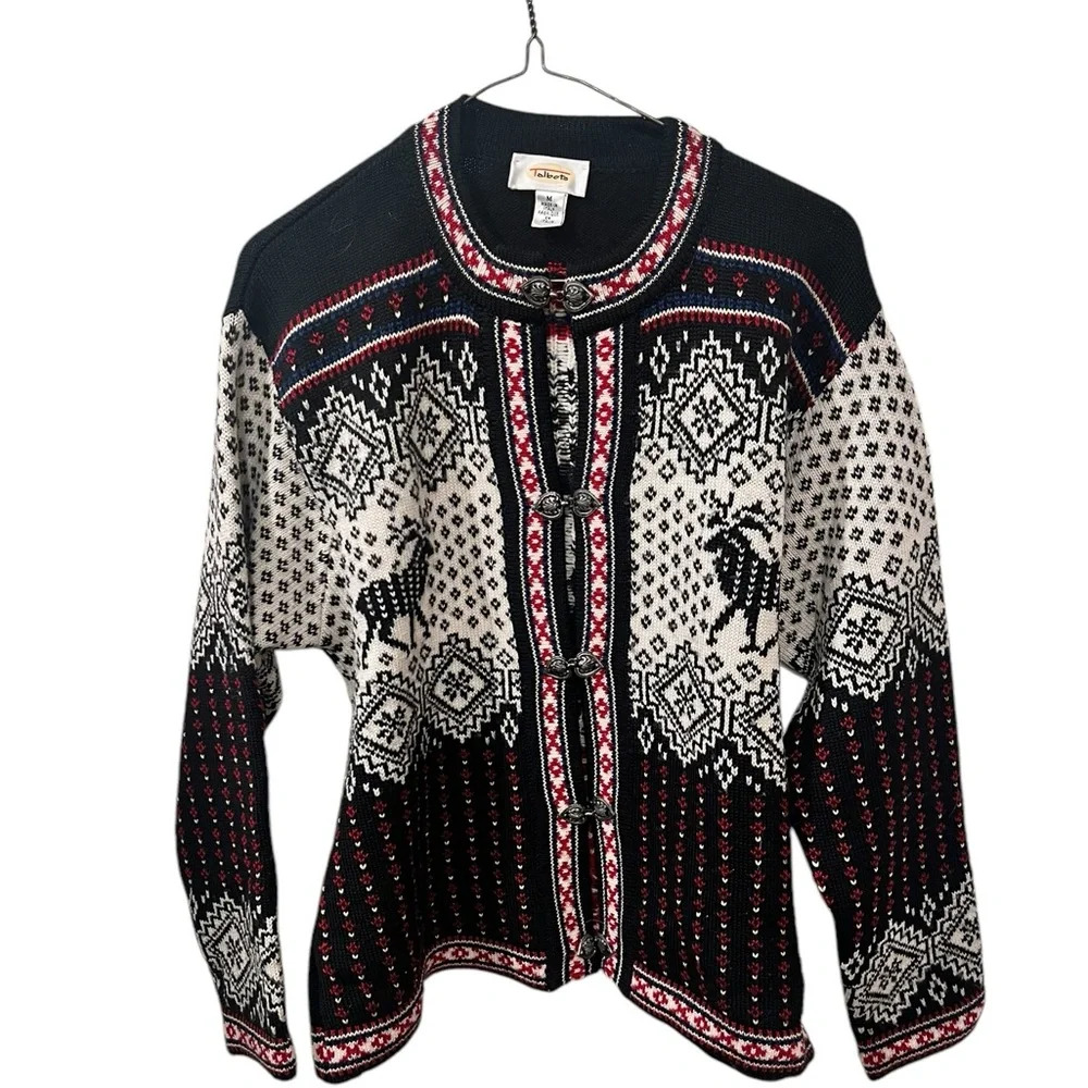 Talbots Made in Italy Women’s Cardigan Sz medium 100% Wool Deer Black Fair Isle